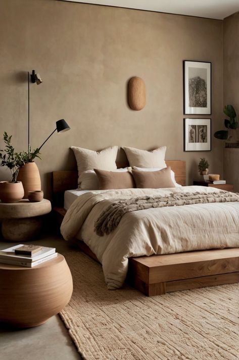 Organic Modern Bedroom Green, Earth Bedroom Aesthetic, Earthy Luxury Bedroom, Nude Bedroom Ideas, Woodsy Room, Moroccan Apartment, Coloured Bedroom, Bedroom 2025, Earth Tone Bedroom