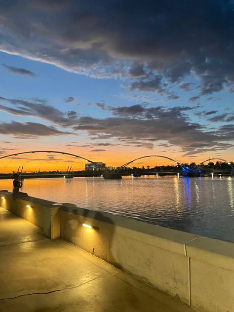 Sunset at tempe town lake on the fourth Tempe Town Lake, Arizona Trip, Yuma Arizona, Arizona Adventure, Living In Arizona, Tempe Arizona, Fall Semester, Tempe Az, Dream School