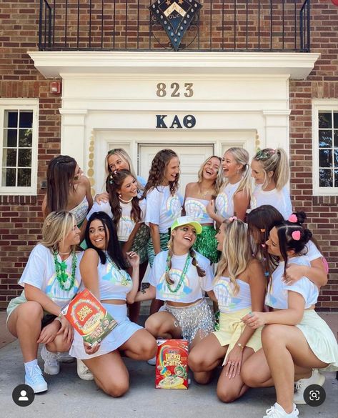 Lucky Charm Sorority, Lucky Me Bid Day Theme, Lucky Charms Bid Day, Work Week Sorority, Sorority Recruitment Themes, Jake Pics, Sorority Poses, Recruitment Themes, Sorority Ideas