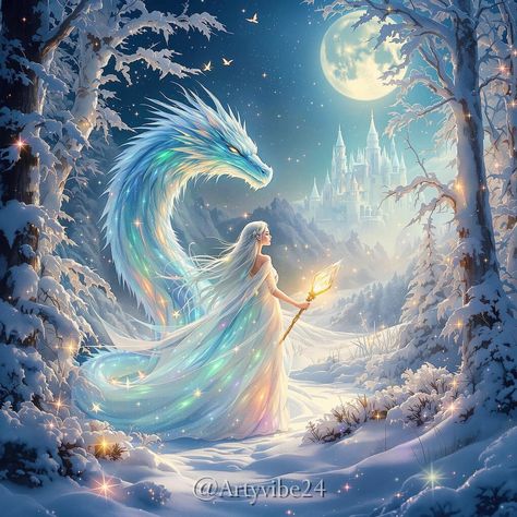 A mystical winter forest bathed in silver moonlight, where glowing ice crystals float gently in the air, shimmering with all the colors of the rainbow. At the center of the scene stands an elegant elf princess with snow-white hair and a shimmering cloak made of frosty light. She holds a glowing crystal staff, its magic casting a warm golden glow over the surroundings. Tiny, winged snow faeries dance around her, while in the background, a majestic ice-blue dragon with sparkling scales peers th... Crystal Staff, Snow Queen Illustration, Ice Witch, Snow White Hair, Glowing Crystal, Elf Princess, Snow Dragon, Mermaid Images, Ice Dragon