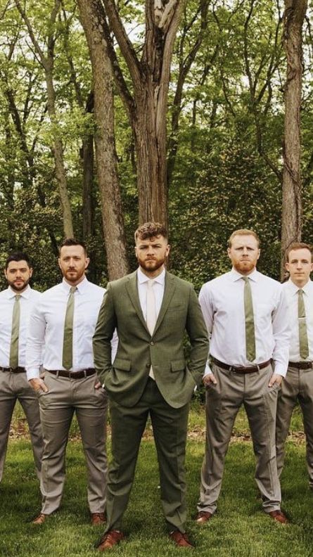 Olive Green Mens Wedding Attire, Groomsmen Outfits Fall Wedding, Green And Tan Groomsmen Attire, Desert Groomsmen Attire, Woodland Groomsmen Attire, Groomsmen Attire Beige And Green, Bridesmaid And Groomsmen Colors Rustic, Groomsmen Attire For Sage Green Wedding, Groom Attire Outdoor Wedding