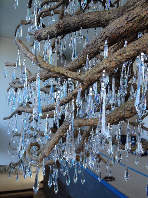 Colorful Chandelier, Hanging Crafts, Crystal Curtains, Branch Chandelier, Fantasy Rooms, Outdoor Chandelier, Holiday Deco, Crystal Aesthetic, Glowing Art