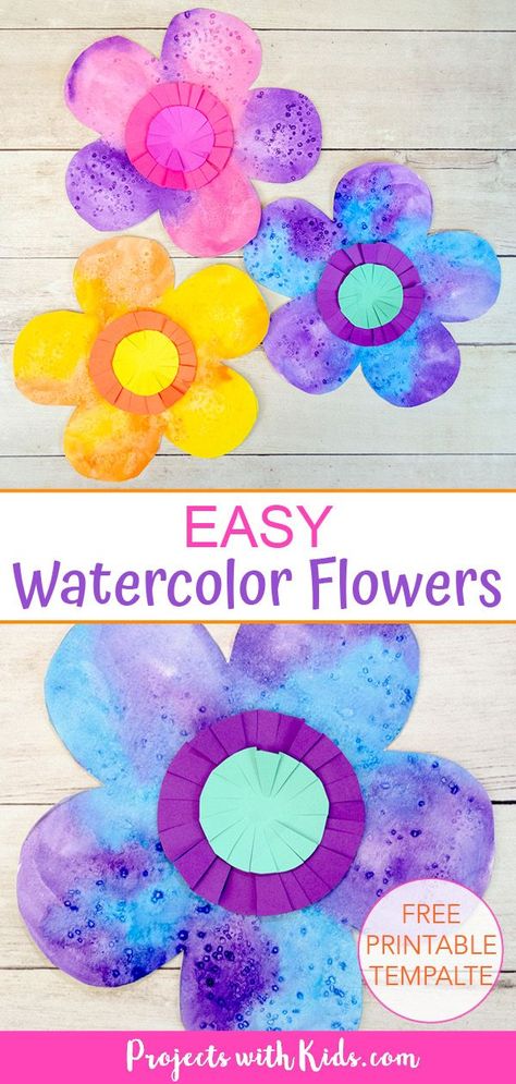 These easy watercolor flowers are a fun and colorful art project for kids of all ages! An excellent beginner watercolor project using easy techniques. Free printable template included. Easy Watercolor Flowers, Colorful Art Projects, Spring Arts And Crafts, Spring Crafts Preschool, Spring Flower Crafts, Beginner Watercolor, May Crafts, Preschool Art Projects, April Crafts