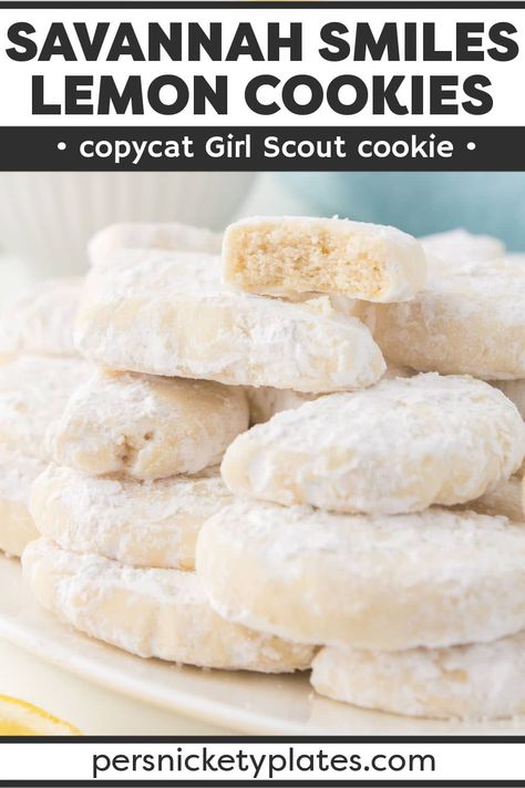 Girl Scout Lemonade Cookie Recipe, Lemon Girl Scout Cookies Recipes, Savannah Smiles Cookie Recipe, Powder Sugar Cookies, Original Girl Scout Cookie Recipe, Home Made Cookies Recipe, Infused Cookies, Cookbook Inspiration, Smile Cookies