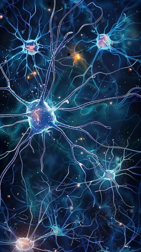 Interconnected neurons in the brain with glowing structures - Zwin Brain Rewiring Neuroplasticity, Nanotechnology Aesthetic, Neuron Art, Neurons Firing, Neuron Structure, Brain Artwork, Neuroscience Art, Neurology Art, Brain Neurons