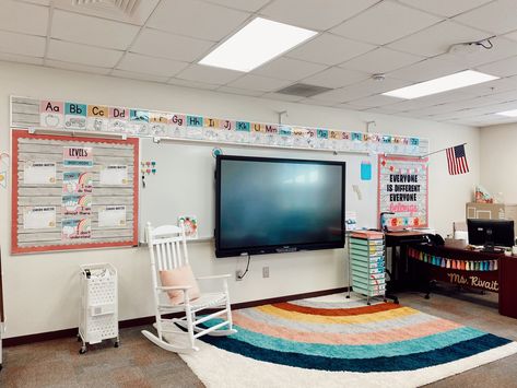 Danish Pastel Classroom, Elementary Classroom Color Scheme Ideas, Modern Rainbow Classroom, Pastel Color Classroom Theme, Colorful Boho Classroom, Pastel Boho Classroom, Pastel Classroom Ideas, Kindergarten Classroom Aesthetic, Pastel Rainbow Classroom Theme