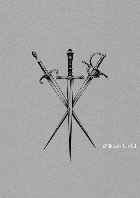 Greek Tattoo Designs Men, Musketeer Tattoo, Cross Swords Tattoo Design, 3 Swords Tattoo, 3 Musketeers Tattoo, Three Swords Tattoo Design, Three Swords Tattoo, Small Detailed Tattoos, Swords Tattoo