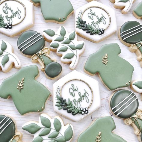 Sage Green Baby Shower Cookies, Forest Green Baby Shower Ideas, Green Baby Shower Cookies, Sage Baby Shower Ideas, Sage Green Baby Shower Ideas, Baby Shower Cookies Neutral, Enchanted Forest Baby Shower, Shower Foods, Sage Green Baby Shower