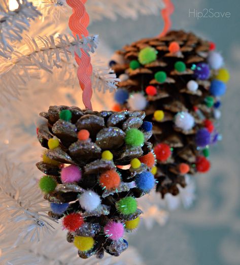 pom-pom-pinecone-ornaments Christmas Crafts With Pinecones, Crafts With Pinecones, Diy Christmas Ornaments Easy, Movie Cast, Pinecone Ornaments, Hallmark Movie, Homemade Ornaments, Felt Christmas Decorations, Cones Crafts