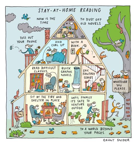 Grant Snider, Home Reading, Library Quotes, Reading Posters, Introverts Unite, Reading At Home, Book Cafe, Awesome Quotes, Up Book