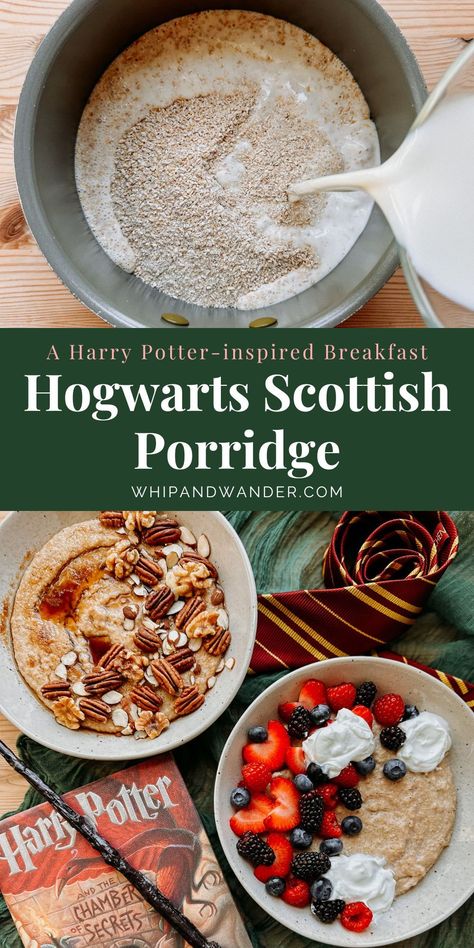 In the Harry Potter books, porridge makes a regular appearance at the Hogwarts breakfast table where Harry, Ron, and Hermione dine each morning. This delightful recipe for Hogwarts Scottish Porridge features stone-ground oats simmered with milk, nutmeg, cinnamon, and vanilla until lusciously thick and creamy. This warm and cozy breakfast dish is perfect for cold fall and winter mornings, bringing a touch of magic to the start of your day. Hogwarts Breakfast, Hogwarts Food, Scottish Porridge, Literary Recipes, Warm Recipes, Sweet Brunch Recipes, Harry Ron And Hermione, Scottish Breakfast, Sweet Brunch