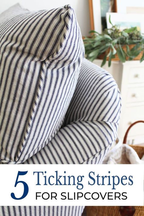 Indigo ticking stripe fabrics for your DIY slipcover! Ticking Stripe Chair, Diy Slipcover, Farmhouse Upholstery Fabric, Denim Chair, Striped Couch, Striped Upholstery Fabric, Striped Chair, Upholstery Fabric For Chairs, Best White Paint