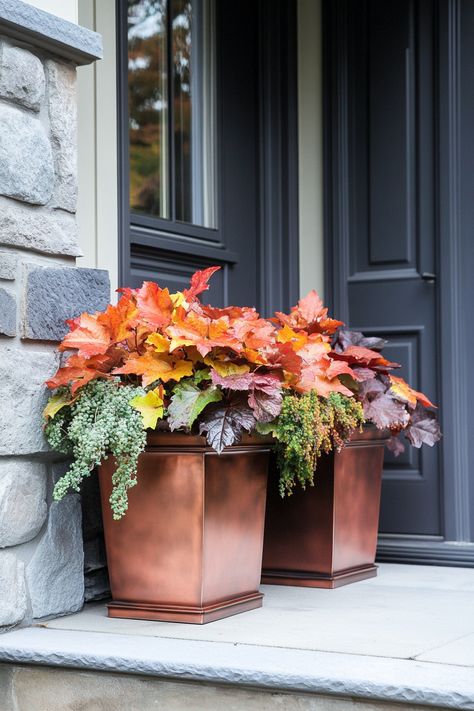 Planter For Front Porch, Artificial Fall Planter Ideas, Fall Urns For Front Porch, Fall Planters Front Porches, Fall Planter Ideas, Fall Potted Plants, Autumn Mantle, Fall Urn, Winter Displays