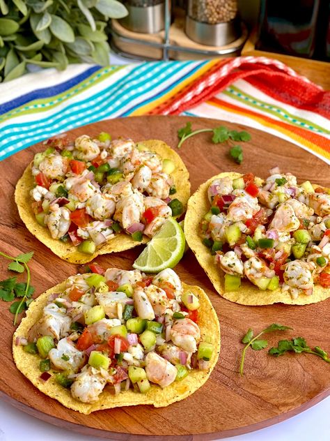 This Mexican-style shrimp ceviche is citrusy, refreshing, and well balanced. Made with lime juice, tomatoes, cucumber, onions, jalapenos, cilantro, and tajin. Civeche Recipe, Mexican Shrimp Ceviche, Ceviche Tostada, Ceviche Ingredients, Tostada Recipe, Mexican Ceviche, Shrimp Ceviche Recipe, Pilates Girl, Tostada Recipes