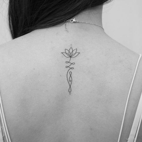 Lotus Flower Tattoo Bicep, Unalome Tattoo Fine Line, Unalome Lotus Tattoo Minimalist, Cute Lotus Tattoo, Fine Lotus Tattoo, Lotus Tattoo On Arm, Fine Line Neck Tattoos Women, Fine Line Lotus Flower Tattoo, Minimalist Back Tattoo Women