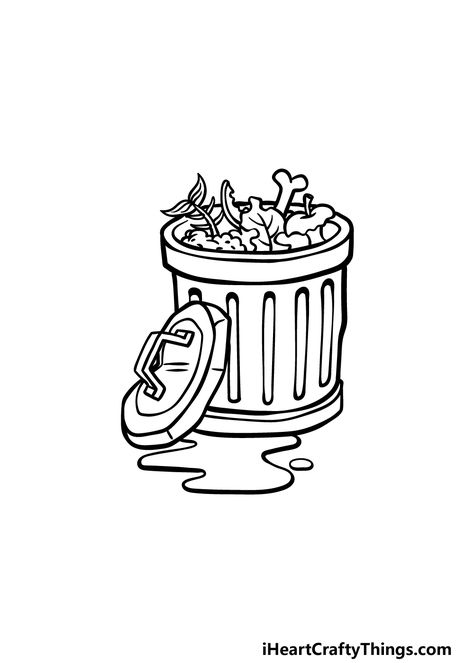 How To Draw A Trash Can – A Step by Step Guide Trash Bag Drawing, Trash Bin Drawing, Trash Can Doodle, Trash Can Drawing, Trash Doodle, Garbage Drawing, Trash Can Art, Trash Drawing, Doodle Cards