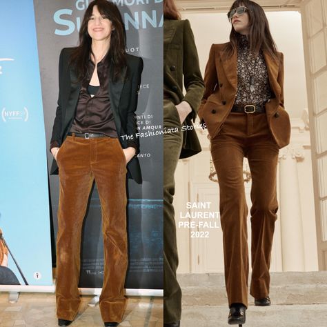 Charlotte Gainsbourg Style, French Style Icons, Work Outfit Office, Charlotte Gainsbourg, Celebrity Red Carpet, Velvet Pants, Milan Italy, Dress Hats, Fashion Lookbook