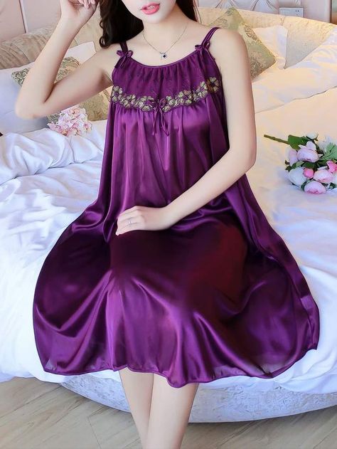 Purple Colour, Nightgowns, Cami Dress, Satin, For Women, Bed, Lace, Purple