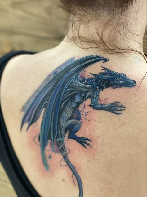 Protective Dragon Tattoo, Feminine Dragon Tattoo For Women, Viking Dragon Tattoo, 3d Dragon Tattoo, Watercolor Dragon Tattoo, Dragon Tattoo Shoulder, Blue Dragon Tattoo, Spine Tats, Dragon Tattoo Meaning