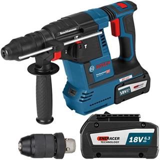 *CLICK FOR MORE INFO* This is the *NEW* Bosch GBH 18 V-26 F 18 volt Brushless SDS-Plus Hammer Drill. It has incredible power and drilling capacity for an 18V SDS machine. You can use it to drill up to 26mm diameter holes in concrete. This SPECIAL edition is EXCLUSIVE to Kelvin Power Tools. It comes with a Quick Change chuck, L-Boxx carry case, the latest and fastest 18v charger and an upgrade to 2x 6.3Ah ENERACER batteries which are ideal for this kind of tool. Cordless Hammer Drill, Tools Storage, Bosch Tools, Drill Chuck, Bosch Professional, Hammer Drill, Impact Wrench, Combo Kit, Tool Holder