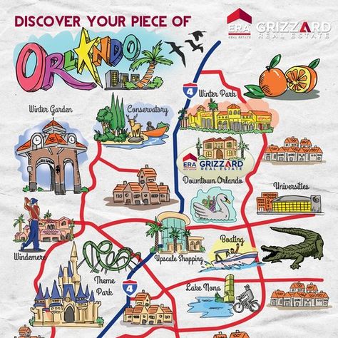 Runner-up design by karicartoon.com Downtown Disney Orlando, Orlando Map, Company Illustration, Cartoon Map, Orlando Trip, Disney Outfits Women, Orlando Travel, Downtown Orlando, Orlando City