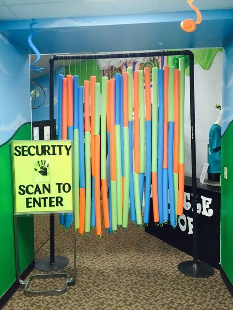 Power Lab Vbs Decorations, Makeshift Door, Maker Fun Factory Vbs 2017, Every Other Weekend, Science Lab Decorations, Science Themed Party, Maker Fun Factory Vbs, Maker Fun Factory, Project Mc2