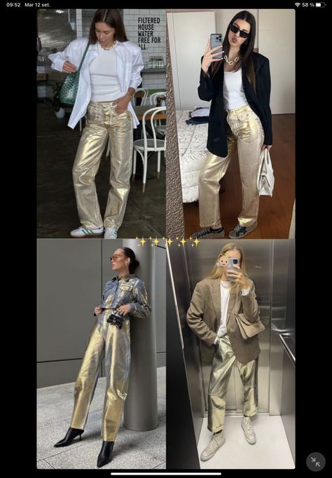 Gold Jeans Outfit, Gold Pants Outfit, Metallic Pants Outfit, Golden Outfit, Sport Casual Outfit, Dunks Outfit, Gold Jeans, Gold Pants, Outfit Zara