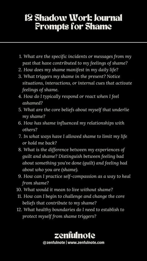 Shadow work focusing on shame involves confronting the deep-seated feelings that tell us we are fundamentally flawed or unworthy of love and belonging. This work can help us understand the origins of our shame, how it affects our lives, and how we can begin to heal. Shadow Work Journal Prompts, Work Journal Prompts, Shadow Work Journal, Aura Quotes, Journal Questions, Healing Journaling, Bullet Journal Mood Tracker Ideas, Work Journal, Self Care Bullet Journal