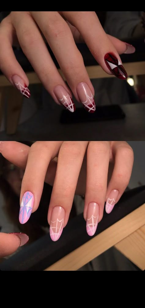 Peter Parker and Gwen Stacy Spidergwen Nail Art, Gwen Stacy Inspired Nails, Gwen Stacy Nails Designs, Gwen Nails Spiderman, Spider Man French Tip Nails, Ghost Spider Nails, Gwen Stacy Nails, Spider Gwen Nails, Gwen Nails