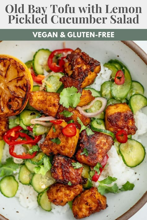 This Old Bay Tofu is paired with a light and refreshing charred lemon cucumber salad. A meal that packs in both protein and flavor. Tofu Dinners, Charred Lemon, Pickled Cucumber Salad, Vegetarian Entree, Veg Meals, Nourish Bowl, Pickled Cucumber, Vegan Entrees, Lemon Cucumber