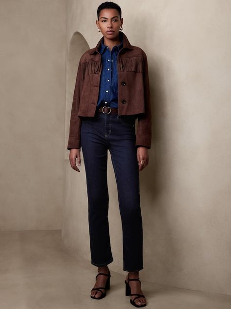 Jeans for Women | Banana Republic Factory Suede Jacket Outfit, Fringed Jacket, Rose Jacket, Stretch Denim Fabric, Suede Fringe Jacket, Single Button Blazer, Fringe Jacket, Banana Republic Factory, Pleated Shorts