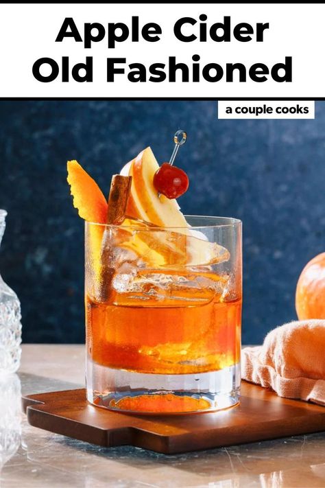 The apple cider Old Fashioned is a fall spin on the classic! Spiced apple cider syrup sweetens this whiskey cocktail. Pop over to our site for the recipe! Cider Old Fashioned, Apple Cider Syrup, Making Apple Cider, A Couple Cooks, Apple Cider Cocktail, Halloween Drinks Alcohol, Fall Cocktails Recipes, Cider Cocktails, Whiskey Cocktail