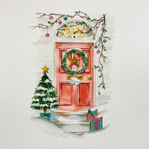 Christmas Door Painting, Xmas Sketches, Xmas Door Decorations, Christmas Watercolours, Watercolor Art Christmas, Watercolor Door, Christmas Draw, Pretty Christmas Cards, Watercolor Christmas Art