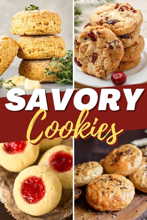 Take a break from sweets with these tempting savory cookies. From cheese biscuits to walnut crackers to lemon basil cookies, you won't miss the sugar in these tasty bites. Cheese Cookies Savory, Savory Cheese Cookies, Savory Bake Sale Treats, Savory Thumbprint Cookies, Sweet And Savory Cookies, Savory Cookies Christmas, Savory Madelines, Savory Treats For Bake Sale, Savoury Cookies Recipes