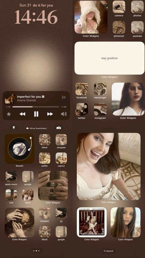 Lana Del Rey Beige Aesthetic, Vintage Iphone Theme Ideas, Lana Del Rey Themed Phone, Beige Lockscreen Aesthetic, Lana Homescreen, Brown Homescreen Ideas, Beige Wallpaper Aesthetic Iphone, Brown Iphone Layout, Brown Lockscreen Aesthetic