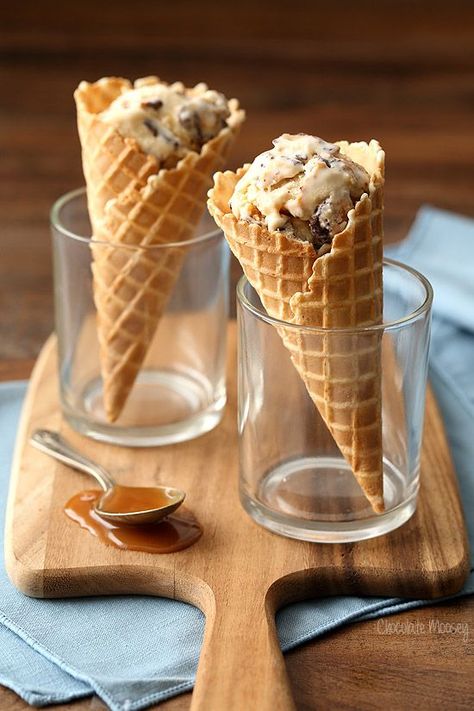 Are you ready to eat the ice cream of your dreams? Meet Caramel Waffle Cone Ice Cream - caramel ice cream with chocolate covered waffle cone pieces and a caramel swirl. Get the recipe at www.chocolatemoosey.com @chocolatemoosey Small Batch Ice Cream, Waffle Cone Ice Cream, Ice Cream Cones Recipe, Waffle Cone Maker, Caramel Waffles, Waffle Cone Recipe, Cone Ice Cream, Strawberry Crunch, Ice Cream Mixture