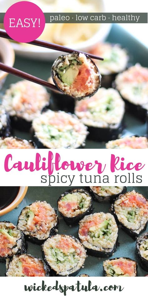 These cauliflower rice spicy tuna rolls are the perfect paleo sushi alternative! #wickedspatula #paleo #lowcarbsushi Rice Sushi Rolls, Cauliflower Rice Sushi, Sushi Rolls Recipe, Paleo Sushi, Low Carb Sushi, Rice Sushi, Paleo Seafood Recipes, Paleo Cauliflower, Sushi Roll Recipes