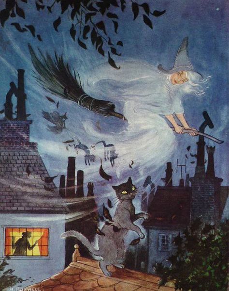 Illustration for The Witch’s Cat by Hilda Boswell (1903–1976) Illustration Art Nouveau, Witch Flying, Halloween Artwork, Vintage Witch, Vintage Halloween Decorations, Halloween Illustration, Halloween Images, Fantasy Paintings, Witch Art