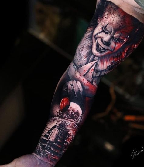 Stephen King Tattoos, Pennywise Tattoo, Colored Tattoo Design, Horror Movie Tattoos, Gangsta Tattoos, Clown Tattoo, Movie Tattoos, King Tattoos, Scary Tattoos