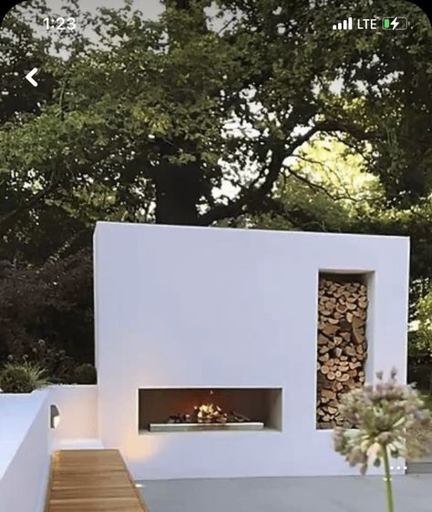 Outdoor Fire Chimney, Rendered Bbq Area, Modern Outdoor Fireplace Ideas, Modern Patio Decor, Contemporary Outdoor Fireplaces, Modern Outdoor Living Area, Modern Outdoor Bench, Garden Ideas Patio, Outdoor Firepits