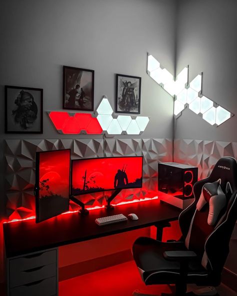 Red Gaming Setup, Red Gaming Room, Best Gaming Setup, Gamer Setup, Pc Gaming Setup, Gamer Room Decor, Desktop Setup, Video Game Room Design, Music Studio Room