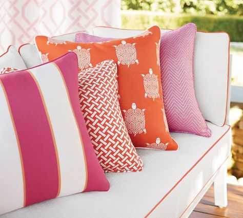 pink_orange-pavilion_pillows Yellow Basement, African Homes, Coral Home Decor, Comfy Decor, Coastal Fabric, Study Spaces, Cushion Designs, Outdoor Fabrics, Pink Cottage