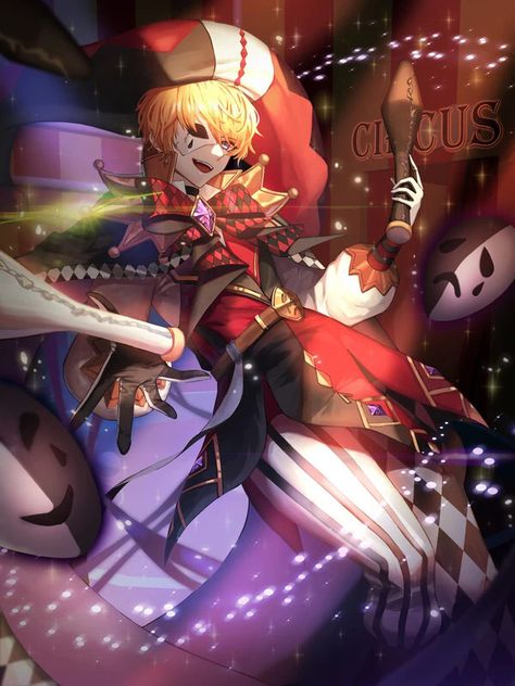 Jester Anime, Anime Jester, Magician Pose, Anime Circus, Magician Art, Evil Jester, Circus Characters, D D Character Ideas, Fantasy Witch