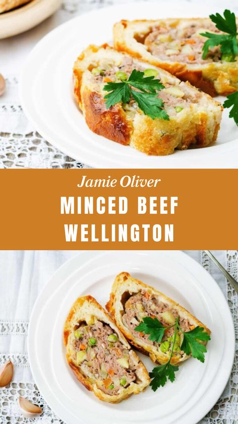 Jamie Oliver Minced Beef Wellington Jamie Oliver Beef Wellington, Beef Wellington Jamie Oliver, Mini Wellington, Waitrose Recipes, Ground Beef Wellington, Parsley Butter, Butter Mushrooms, Meat Patties, Beef Tomato