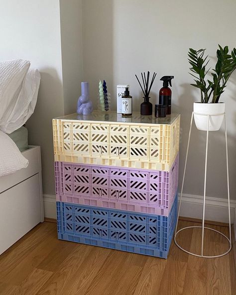 TROUVA on Instagram: “Who needs a side table when you have pastel-hued crates? Not us. Tap to shop 👆🛍️ 📷 @clarissaburridge . . . . . #haycrates #crate…” Hay Crates, Hay Crate, Pastel Interior Design, Apt Decor, Pastel Interior, Home Decor Inspiration, Decor Inspiration, Tap, Side Table