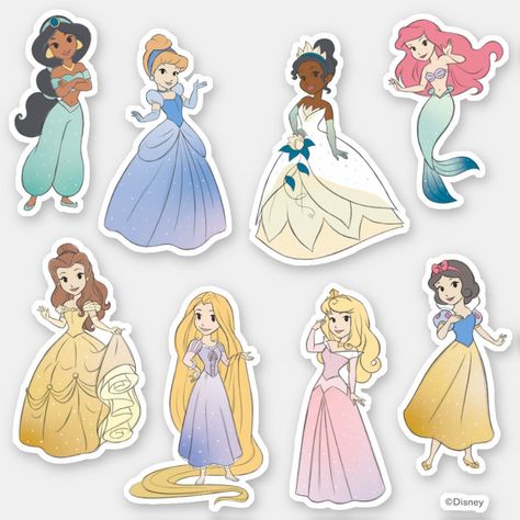 Decorate with these adorable Disney Princess stickers, featuring Jasmine, Cinderella, Tiana, Ariel, Belle, Rapunzel, Aurora, and Snow White! Disney Princesses Stickers, Disney Princess Stickers, Disney Stickers Printables, Seni Resin, Princess Images, Disney Paintings, Idee Cricut, Princess Sticker, Disney Princess Images