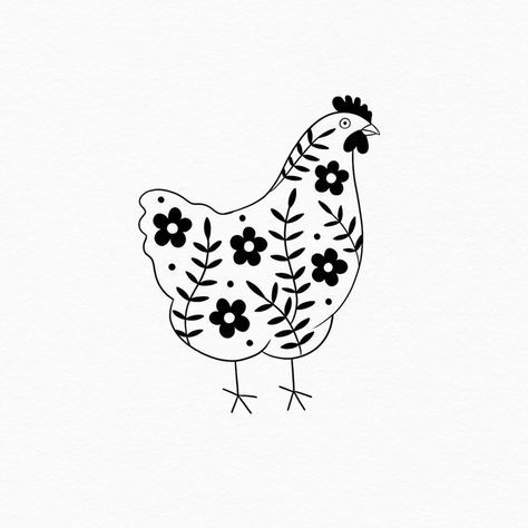 Instagram @kotastiia Copying is strictly prohibited. Available designs are purchasable. DM on instagram for more info • chicken art, chicken illustration, chicken tattoo, cute chicken, bird tattoo, chicken with flowers, cute tattoo, contemporary tattoo, ukrainian artist, ukrainian tattoo artist Folk Bird Tattoo, Simple Chicken Tattoo, Small Chicken Tattoo, Simple Chicken Drawing, Chicken Line Art, Traditional Folk Tattoo, Chicken Tattoo Ideas, Farm Tattoos, Chicken Doodles