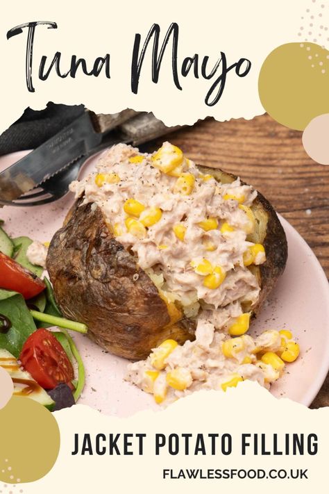 Looking for the best jacket potato filling? Try this creamy tuna mayo recipe! It's a simple yet delicious combo that's perfect for a quick lunch or dinner. Made with just a few ingredients, this flavourful tuna mayo mix adds the perfect touch to your baked potato, making it a satisfying and easy meal option. Get the full recipe on our blog and elevate your jacket potato game! #TunaMayo #JacketPotato #EasyMeals #ComfortFood Tuna Mayo Jacket Potato, Potato And Tuna Recipes, Tuna Baked Potato, Jacket Potatoes Fillings, Tuna Jacket Potato, Jacket Potato Fillings Ideas, 5 Ingredient Soup, Jacket Potato Recipes, Jacket Potato Fillings