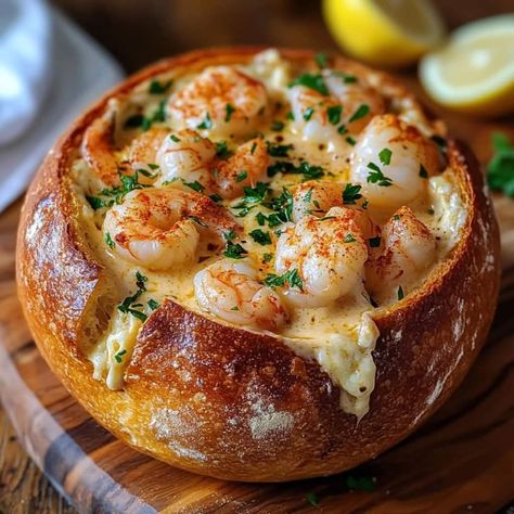 Stuffed Seafood, Seafood Bread, Cobb Loaf, Christmas Fare, Bread Bowl Dip, Soup Bread, Bread Bowl Recipe, Cooked Shrimp, Lump Crab