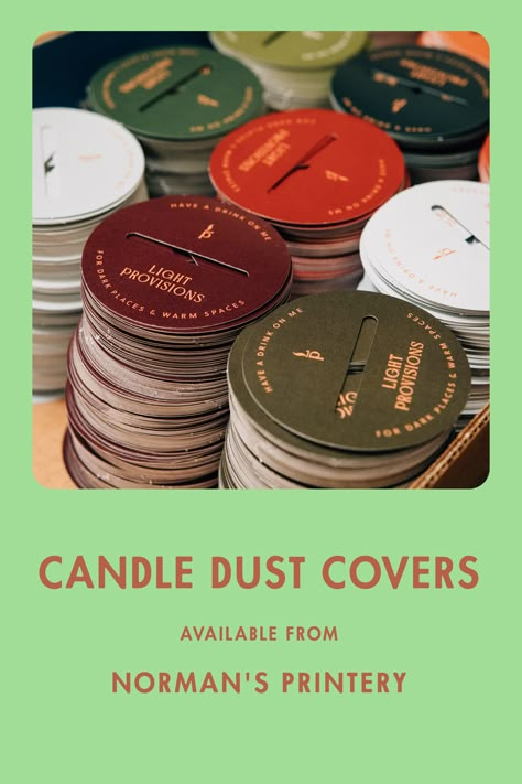 Custom printed candle dust covers available from Norman's Printery Candle Cover Ideas, Candle Jar Covers, Candle Paper Cover, Dust Covers For Candles, Candle Dust Cover Ideas, Cover Design Aesthetic, Candle Dust Cover Design, Candles Packaging Ideas, Candle Design Ideas Creative